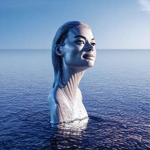 Image similar to a water sculpture in the shape of a margot robbie, on the ocean water, cinematic, in the style of johnson tsang, long shot, hyper detailed, hyper realistic, ray tracing, 8 k resolution, sharp focus, realistic water, award winning