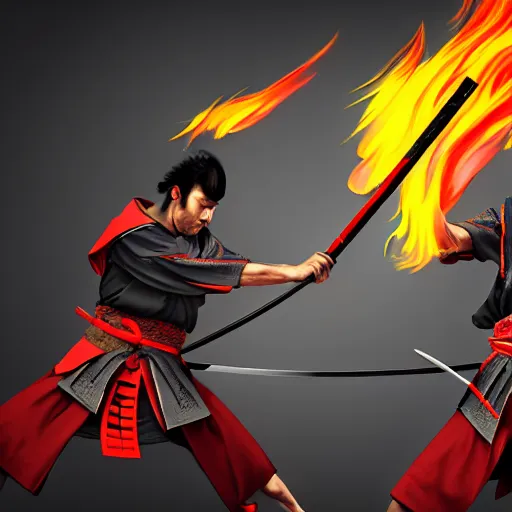 Image similar to Two samurais with flaming swords fighting, 8k, concept art, elegant