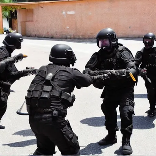 Prompt: swat team fighting each for delicious donuts.