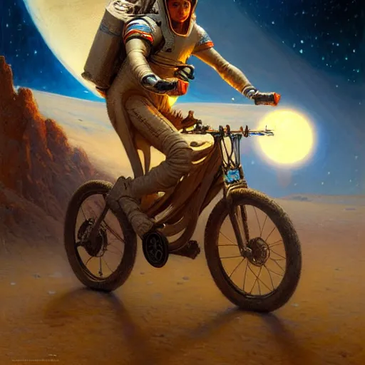 Image similar to a squid riding bicycle on the moon. highly detailed painting by gaston bussiere, greg rutkowski, j c leyendecker 8 k