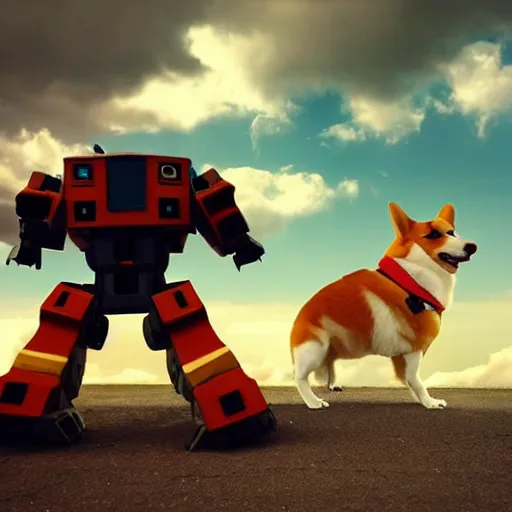 Image similar to a corgi fighting a giant robot on a cloudy day while god watches from above