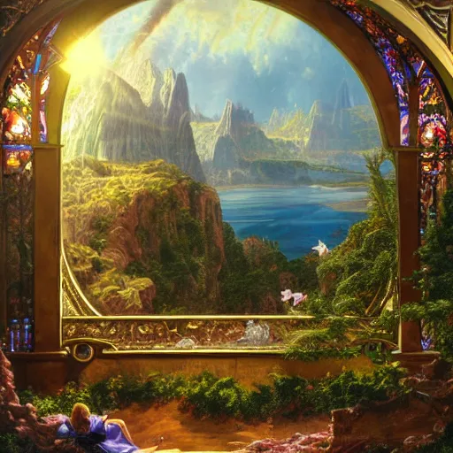 Image similar to realistic detailed view of heaven by terance james bond, russell chatham, greg olsen, thomas cole, james e reynolds, photorealistic, fairytale, art nouveau, illustration, concept design, storybook layout, story board format