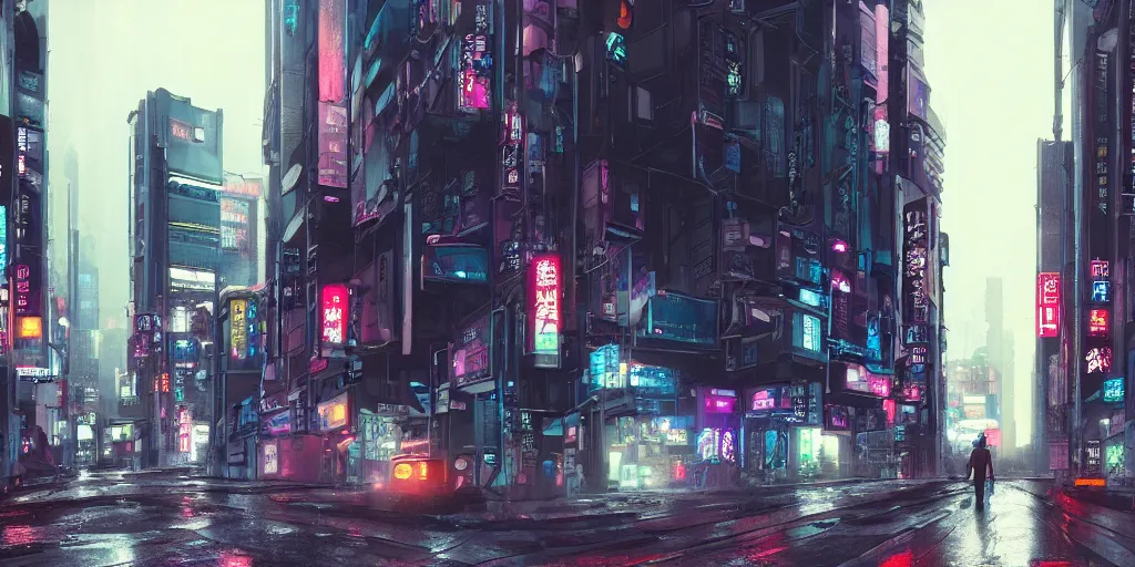 Prompt: Cyberpunk street on a rainy day in Japan, low angle view, detailed matte painting, cinematic, Moebius, Artstation