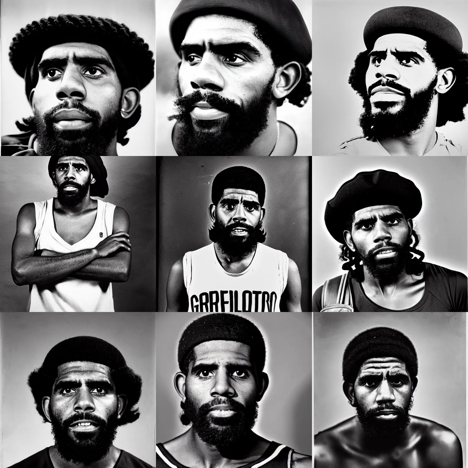 Prompt: Portrait of Kyrie Irving, Kyrie Irving as Che Guevara, Guerilla Heroico, Black and White, Photograph by Alberto Korda, inspiring, dignifying, national archives