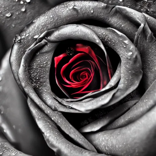 Image similar to a higly detailed close - up photograph of a black rose with blood dripping from it's petals, sigma 7 5 mm, high dof, studio lighting, dramatic light, masterpiece, artstation, 4 k, 8 k, zbrush