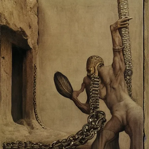 Image similar to Feathers Eyes Beak beak neck Exterior Desert Oasis ripped physique demonic vulture wearing a man costume whilst wearing chains leg irons giorgio de chirico giotto leonardo da vinci Jan Van eyck bastien lecouffe-deharme zdizlaw beksinski odd nerdrum dragan bibin john steuart curry dan witz