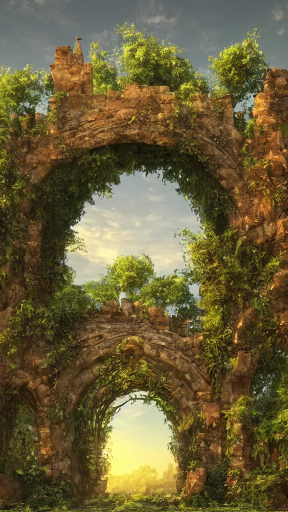 Prompt: overgrown ruined stone archway into a magical city, beautiful, intricate, detailed, golden light, 3 d animated movie frame, 8 k