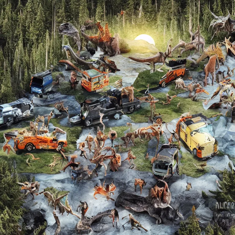 Image similar to photo, hyper detailed, neanderthal people, first contact with aliens!, eating sushi, surrounded by dinosaurs!, gigantic forest trees, sitting on rocks, bright moon, ice! cream! truck!