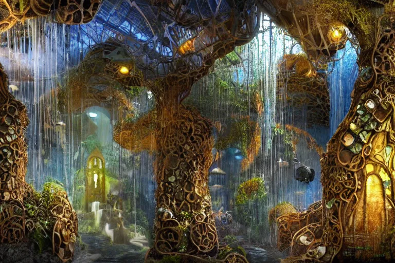 Image similar to favela fungus cathedral coaster hive, art nouveau waterfall environment, industrial factory, terrifying, award winning art, epic dreamlike fantasy landscape, ultra realistic,