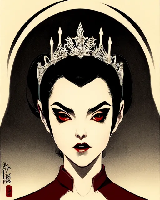 Image similar to beautiful vampire princess with tiara, symmetrical face, evil, portrait, cinematic, dramatic, powerful, super detailed and intricate, by koson ohara, by darwyn cooke, by greg rutkowski, by satoshi kon