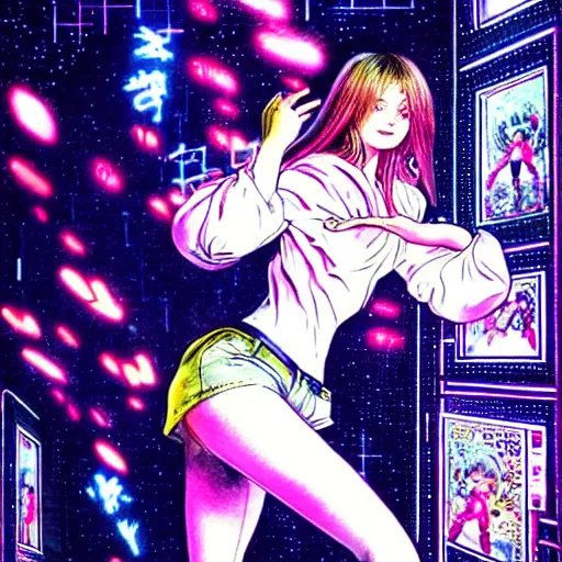 Prompt: cute girl wearing a white girl dancing joyfully in her bedroom at night, cyberpunk lighting, illustrated by ayami kojima