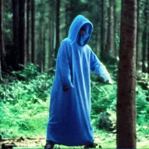 Prompt: man wearing blue hood kicking a witch in a forest, 1 9 9 1, movie still