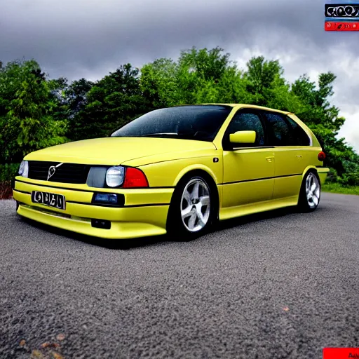 Prompt: Volvo 480 if it were manufactured in the 1999 production year, 1999 Volvo 480 with pop up headlights, wide angle exterior 1999, sporty look