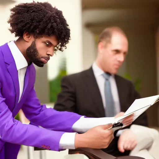 Prompt: woman in a purple suit scolding man holding clipboard, realistic, 4 k