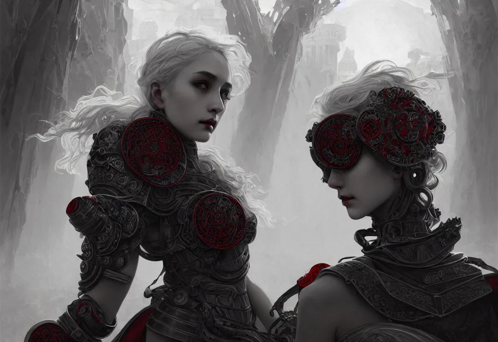 Image similar to portrait grey hair knights of zodiac girl + smoky eyes, matt black / little red color armor in ruined agora of athens, ssci - fi and fantasy, intricate and beautiful and elegant, highly detailed, digital painting, artstation, concept art, smooth and sharp focus, illustration, art by tian zi and wlop and alphonse mucha