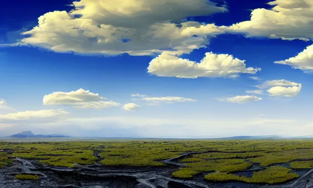 Prompt: beautiful panorama of many magnificent big upside-down raindrops in a perfect cloudless blue sky above a dried up river, desolate land, dead trees, blue sky, hot and sunny highly-detailed, elegant, dramatic lighting, artstation, 4k, cinematic landscape, masterpiece photograph by National Geographic