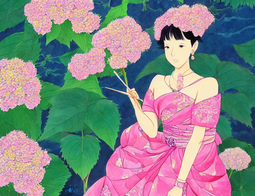 Image similar to southeast asian princess of the hydrangea mountains, wearing a lovely dress. this gouache painting by the award - winning mangaka has an interesting color scheme, plenty of details and impeccable lighting.