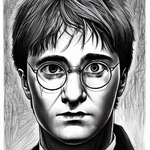 Prompt: a close up portrait of harry potter as a professor, focused gaze, art station, highly detailed, concept art, sharp focus, illustration in pen and ink, wide angle, by kentaro miura