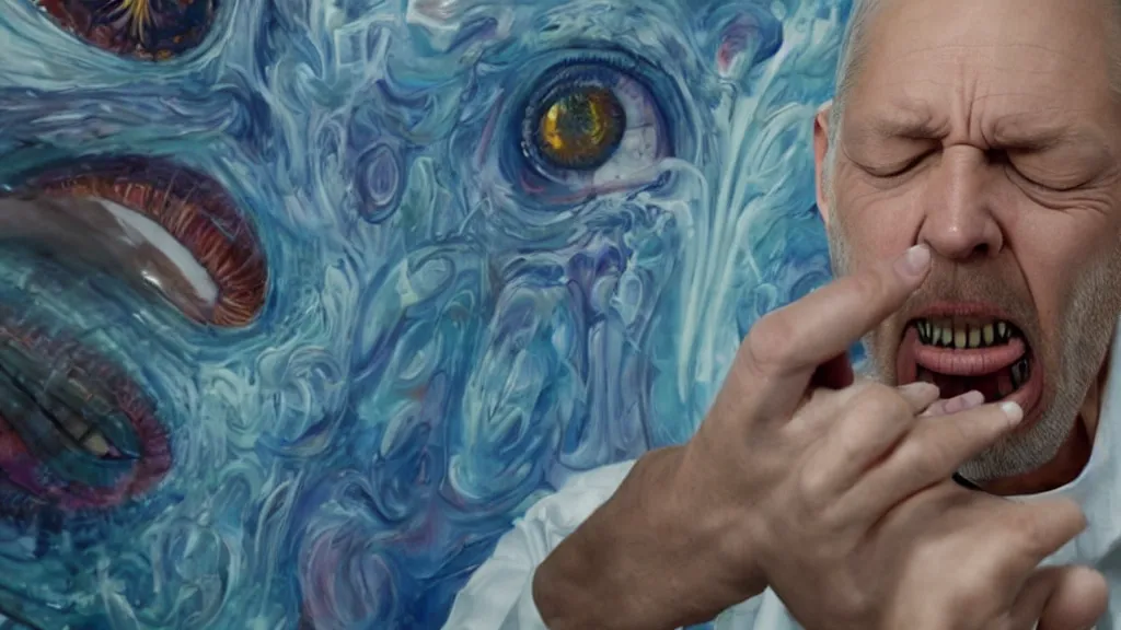 Image similar to alex grey painting a sneeze, film still from the movie directed by Denis Villeneuve with art direction by Salvador Dalí, wide lens