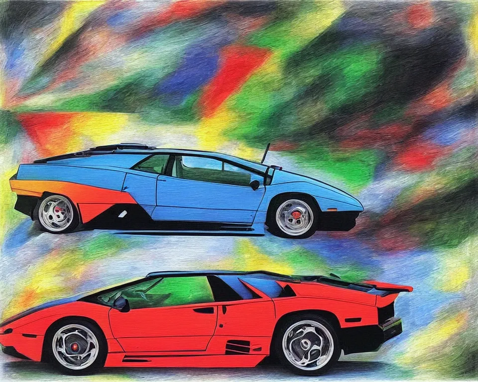 Prompt: an abstract and flat side view of a Lamborghini diablo. intricate, vibrant, Raphael, Monet, Rene Margritte.