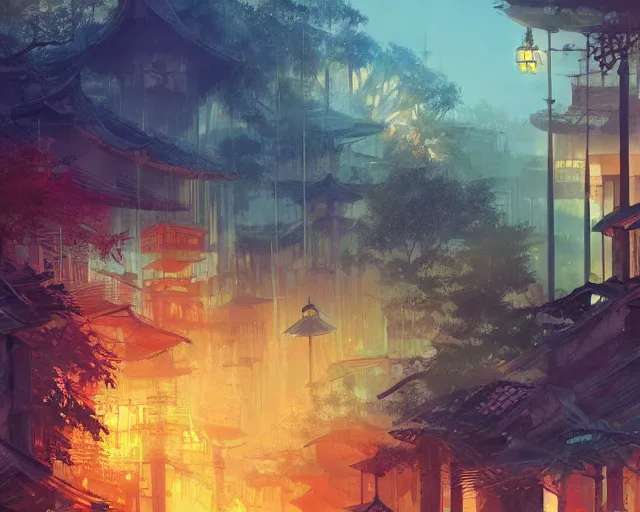 Image similar to great, colorful kitsune city, bamboo, fountain, anime, a fantasy digital painting by Greg Rutkowski and James Gurney, trending on Artstation, highly detailed