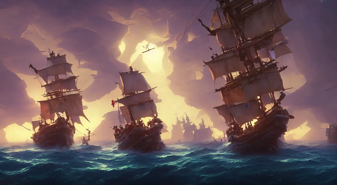 Image similar to pirates on a ghost ship with the Jolly Roger flag in the ocean, volumetric lighting, fantasy art overwatch and heartstone video game icon, a detailed matte painting, by RHADS, cgsociety, fantasy art, matte painting, artstation hq, matte drawing, by makoto shinkai and Beeple Jorge Jacinto ,Tyler Edlin, philipsue on artstation