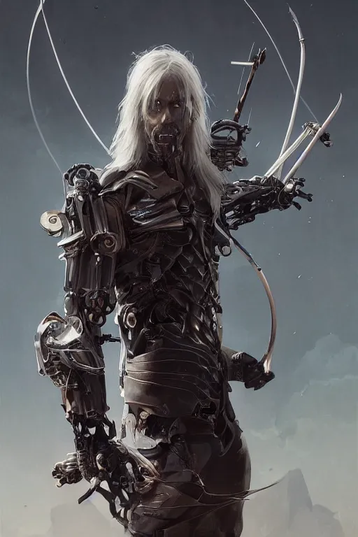 Image similar to a portrait of a toned male cyborg archer with long white hair and pale skin with joints still visible by greg rutkowski, sung choi, mitchell mohrhauser, maciej kuciara, johnson ting, maxim verehin, peter konig, bloodborne, 8 k photorealistic, cinematic lighting, hd, high details, dramatic, dark atmosphere, trending on artstation