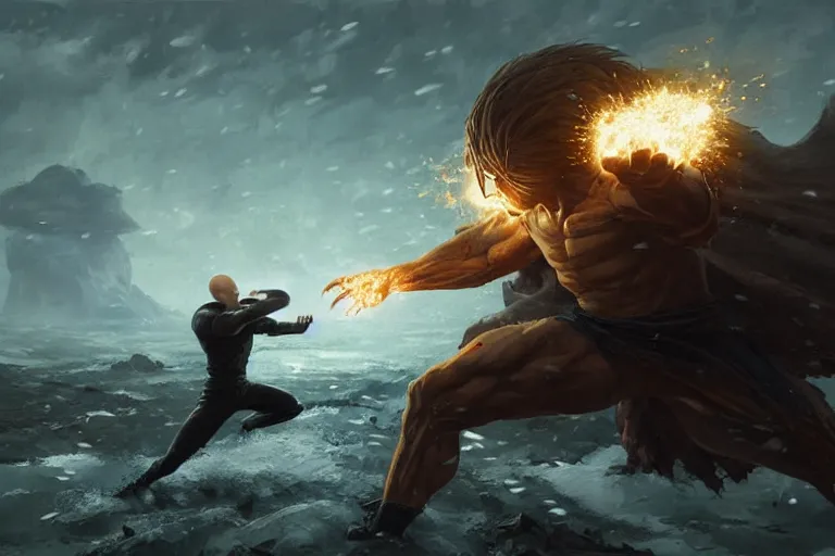 Prompt: saitama fighting the homelander, epic scene, Highly detailed painting, cinematic landscape, realistic, a fantasy digital painting by Greg Rutkowski and James Gurney
