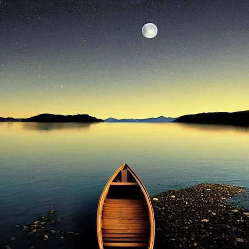 Image similar to A beautiful small boat alone on a lake at twilight with calm waters, the moon shines from above causing light ripples in the water. A small and calm traveller sits in the boat, at peace with himself and the world. A digital art piece designed by psychologists to calm a troubled mind. Tranquil dreams of tepid water, a moment frozen in time. Trending on art station, an award winning masterpiece