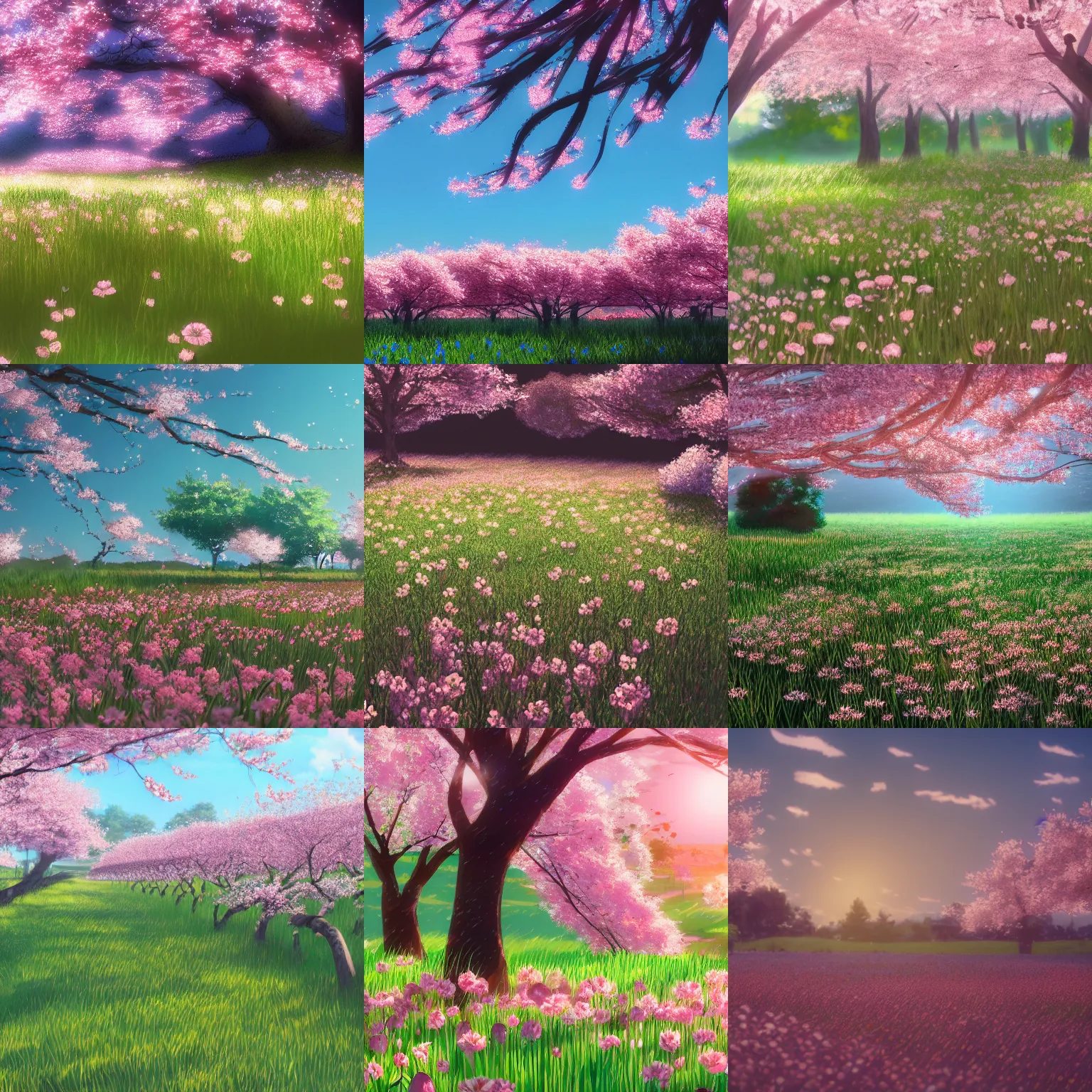 Prompt: film still of a field full of flowers, spring cherry blossoms, delicate, dainty, makoto shinkai, cinematic lighting, sunny, highly detailed, hand drawn, intricate, illuminated, 8k