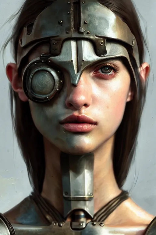 Image similar to a photorealistic painting of an attractive young girl, partially clothed in dirty metal-plated battle armor, dirty olive skin, long dark hair, beautiful bone structure, perfectly symmetrical face, perfect eyes, intricate, elegant, digital painting, concept art, illustration, sharp focus, minimal artifacts, volumetric lighting, from Metal Gear, in the style of Greg Rutkowski, trending on Artstation, award winning