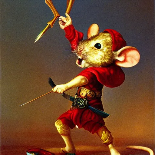 Image similar to mouse warrior reaches for floating crystal, famous oil painting, award winning, 8k scan