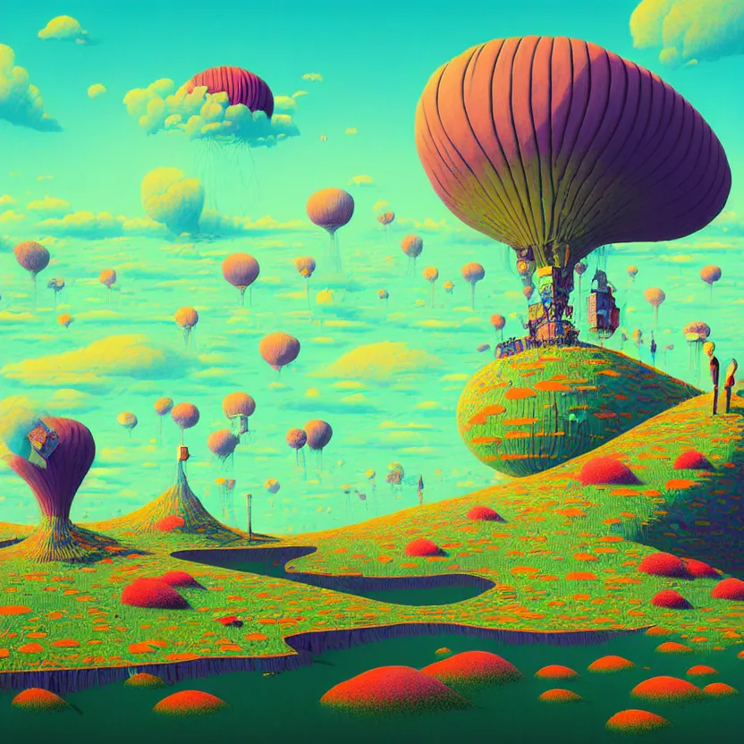 Image similar to surreal glimpse into other universe, zeppelin, island, summer morning, very coherent and colorful high contrast, art by! gediminas pranckevicius! geof darrow, pastel color, volumetric lighting, cinematic, floralpunk screen printing woodblock, dark shadows, hard lighting, stippling art
