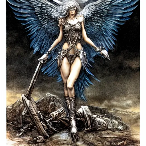 Image similar to a valkyrie standing triumphantly atop a pile of bones by luis royo, epic fantasy, soft details, illustration, album cover, HD, trending on artstation, intricate