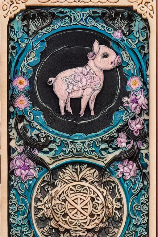 Image similar to Painted dark-wood panel relief carving of a Flowerpunk Piglet, White and pale blue toned, ornate border frame, explosion of colorful flowers, dark wood, intricately carved, black ink, festival of rich colors, intricate details, cinematic lighting, volumetric lighting, post-processing, art nouveau, tarot, fractal art, mandala, by andreas rocha and john howe, and Martin Johnson Heade, featured on artstation, featured on behance, golden ratio, hyper detailed, photorealistic, epic composition, center spotlight, f32, well composed, symmetrical, UE5, 8k