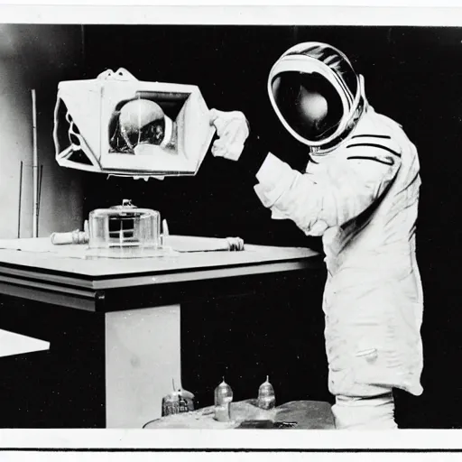 Image similar to old photograph of an astronaut in a futurist lab doing occult experiments