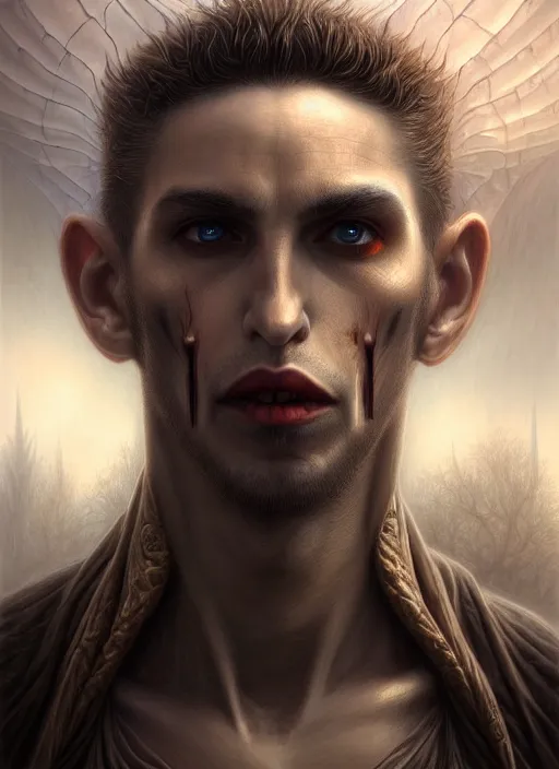 Image similar to closeup portrait shot of a male vampire in a scenic dystopian environment, intricate, elegant, highly detailed, centered, digital painting, artstation, concept art, smooth, sharp focus, illustration, artgerm, tomasz alen kopera, peter mohrbacher, donato giancola, joseph christian leyendecker, wlop, boris vallejo