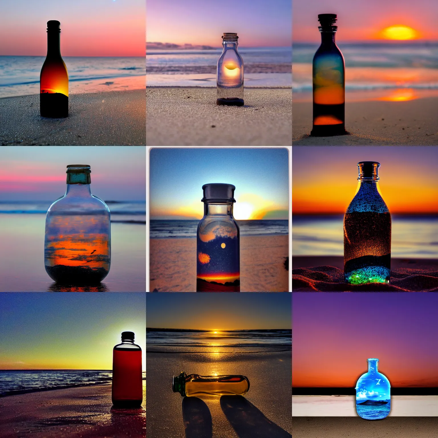 Prompt: the universe inside a bottle on the beach at sunset