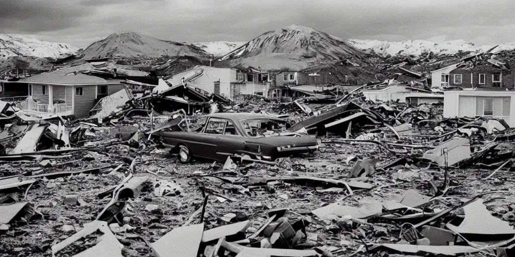 Prompt: aftermath of the destruction caused by the 1 9 6 4 alaska earthquake, photography