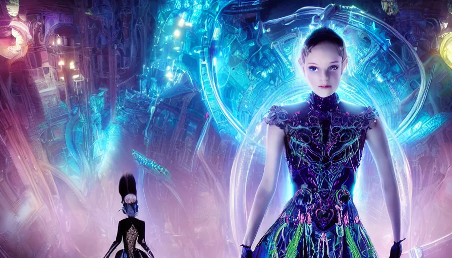 Image similar to Ethereal, mysterious stunning maximalist mesmerizing elven girl from the rainbow sky paradise in Tron: Legacy (2010), Victorian gothic lolita fashion, IMAX Cinematography by Roger Deakins, 4K