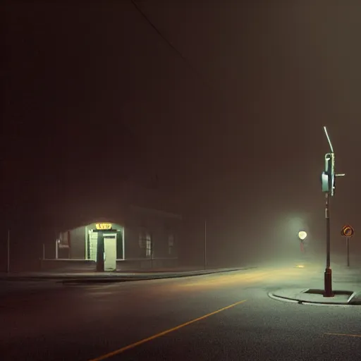 Image similar to A stunningly beautiful award-winning 8K high angle cinematic movie photograph of a dark foggy main intersection in an abandoned 1950s small town at night, by Edward Hopper and David Fincher and Darius Khonji, cinematic lighting, perfect composition, moody low key volumetric light. Color palette from Seven, greens yellows and reds. 2 point perspective, from 15 feet off the ground