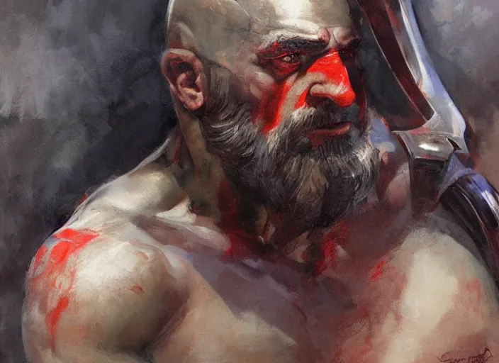 Image similar to a highly detailed beautiful portrait of robert deniro as kratos, by gregory manchess, james gurney, james jean