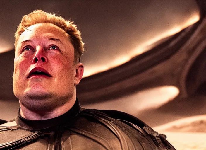 Image similar to elon musk as baron harkonnen in a black oil bath, Dune, Denis Villeneuve, film look