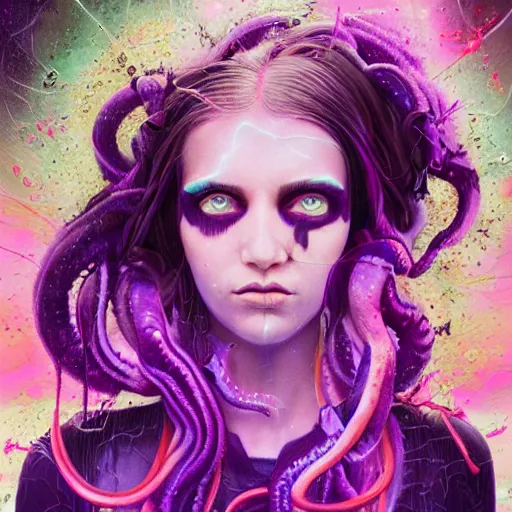 Image similar to detailed photo portrait of a furious teen girl with thin, hair-like purple tentacles on her head and bright purple eyes, 8k,by tristan eaton, Stanley Artgermm,Tom Bagshaw,Greg Rutkowski,Carne Griffiths,trending on DeviantArt, face enhance,hyper detailed ,full of colour, dramatic lightning