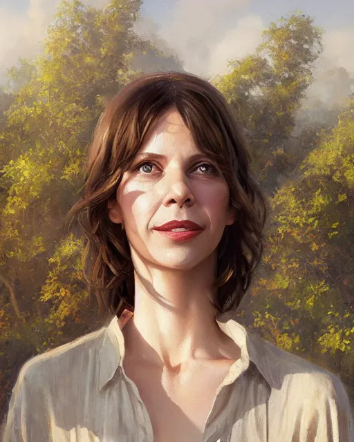 Prompt: a portrait painting of sabrina lloyd / perdita weeks / nicole de boer hybrid oil painting, gentle expression, smiling, elegant clothing, scenic background, behance hd by greg rutkowski, tim hildebrandt