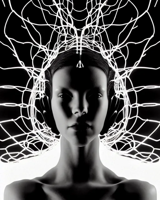 Image similar to black and white cyborg-plant goddess high quality photo, microchip, artificial intelligence, bio-mechanical bio-luminescence, black wired cables, neurons, nerve cells, octane render, cinematic, rim light, hyper realism, photo-realistic, high detail, 8k, masterpiece, high fashion, in the style of Steven Meisel and Dora Maar and H.G. Giger