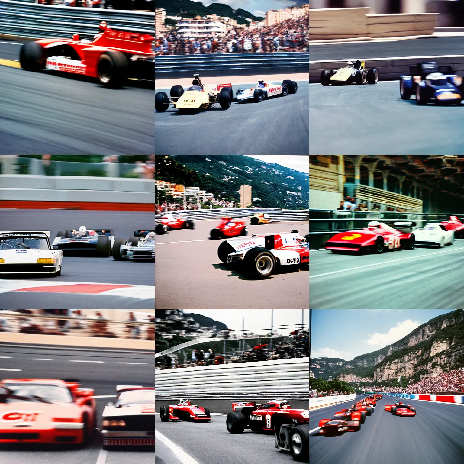 Prompt: car race overtaking at monaco, 9 0 s, film grain, motorsports photography