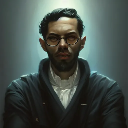 Image similar to an insanely detailed portrait of a man face in hands, stylish black hair, depressing sterile corporate office background, blue shade in the style of peter mohrbacher, artgerm, dramatic lighting and composition, octane render, trending on artstation, concept art