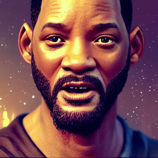 Image similar to portrait of will smith as jesus, au naturel, hyper detailed, digital art, trending in artstation, cinematic lighting, studio quality, smooth render, unreal engine 5 rendered, octane rendered, art style by klimt and nixeu and ian sprigger and wlop and krenz cushart.