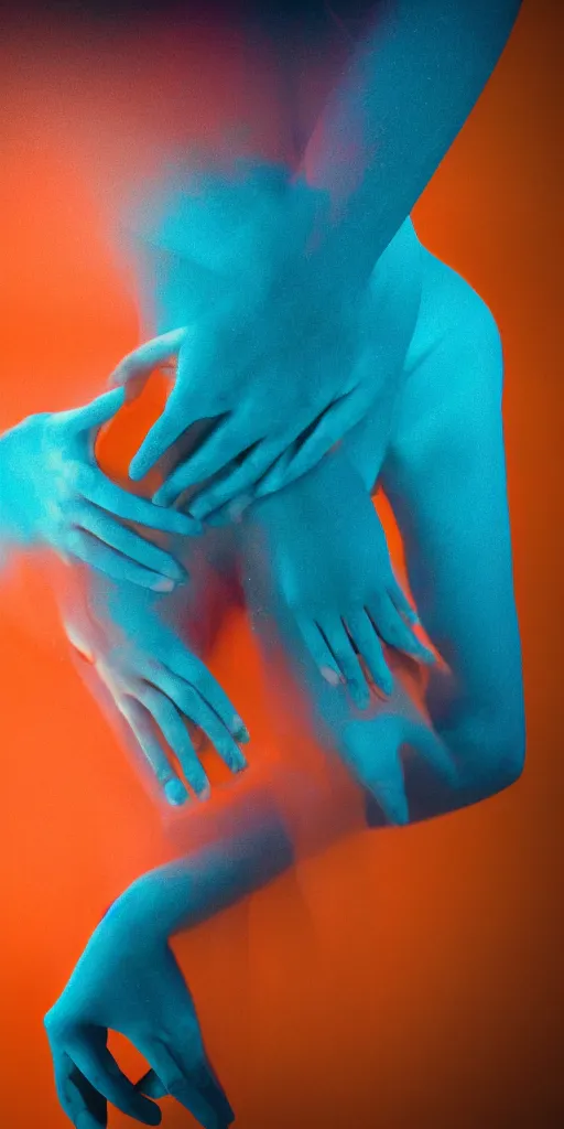 Image similar to a blurry closeup picture of woman's skin gripped tightly, female bodies, hands, macro photography, long exposure photograph, surrealism, anamorphic bokeh, orange and cyan lighting, cinematic